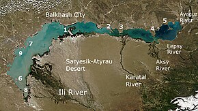 Aksu Nehir deltasının, doğusundaki Lepsi Nehri ile birlikte Balkaş Gölü'ne giriş yaptığı andaki uydu görüntüsü — Kaynak, — Ağız, Kazakistan