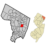 Map highlighting Bergenfield's location within Bergen County. Inset: Bergen County's location within New Jersey