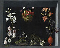 Натюрморт с цветами, овощами и корзинкой вишен (около 1600)