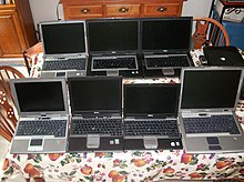 Seven members of the Latitude D-series. From left to right; Bottom Row: D400, D410, D420, D505; Top Row: D610, D820, D830. Dell Latitudes.jpg