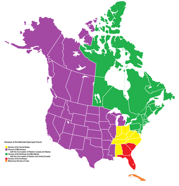 Map of the North American dioceses of the Reformed Episcopal Church as of 2023. Dioceses of the Reformed Episcopal Church 2023 map.png