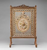 Fire screen (écran); circa 1786; carved, gilded and silvered beech; 18th-century silk brocade (not original to frame); 106.7 x 67.9 x 41.3 cm; Metropolitan Museum of Art