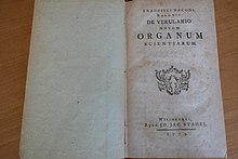 Front page of a 1779 copy of Novum organum. Francisci Baconi, baronis de Verulamio Novum organum scientiarum.jpg