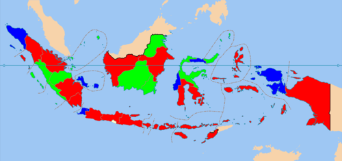 Map of the gubernatorial elections by year. Provinces in green held gubernatorial elections in 2020. Indonesia local elections provinces.png