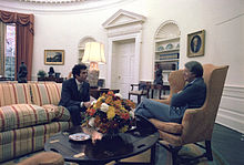 Chief of Staff Jack Watson (1980-1981) meets with President Jimmy Carter in the Oval Office. Jimmy Carter meets with Jack Watson, cabinet secretary, in the Oval Office - NARA - 176952.jpg
