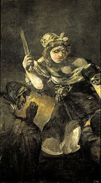 На темном фоне вырисовывается пышная женщина, небрежно держа в правой руке короткий тупой меч. Гротескная служанка приседает слева от изображения. Головы Олоферна не видно.