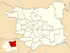 Mapa konturowa Leeds, w centrum znajduje się punkt z opisem „Harehills”