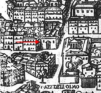 Santa Lucia dei Ginnasi (vid den röda pilen) på Giovanni Maggis vy över Rom (Pianta prospettica di Roma) från år 1625.