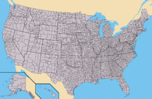 The states of the United States as divided into counties (or, in Louisiana and Alaska, parishes and boroughs, respectively). Alaska and Hawaii are not to scale and the Aleutian and uninhabited Northwestern Hawaiian Islands have been omitted. Map of USA with county outlines.png