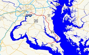 Карта южного Мэриленда с указанием основных дорог. Маршрут 4 штата Мэриленд проходит от Леонардтауна через графство Сент-Мэри, графство Калверт, графство Анн-Арундел и графство Принс-Джордж в Вашингтон, округ Колумбия.