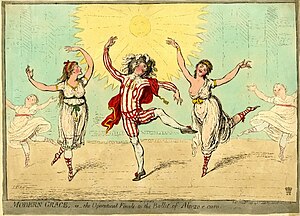 Three ballet dancers, two females around a male dressed in revealing costumes. The dancer on the right (Parisot) has an exposed breast.