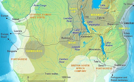 Southern Central Africa in 1890 showing the central position of Msiri's Yeke Kingdom and the principal trade routes, with the approximate territories of Msiri's main allies (names in yellow) and the approximate areas occupied by European powers (names in orange -- does not show spheres of influence or borders). The east coast trade was controlled by the Sultan of Zanzibar. Areas of influence of other tribes and of France and Germany are not shown. Msiri's kingdom in 1880 760x460 lo-res.jpg