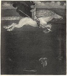 Un homme barbu et casqué, une lance à la main, chevauche librement un cheval blanc don't l'écume coule des lèvres, semblant voler au-dessus du sol.