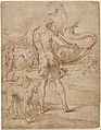 Huntsmen sounding his horn with a staghunt in the distance by Parmigianino (c. 1530-1539)