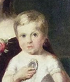 =A painting of a blond toddler in a white dress being supported by another child wearing a blue dress.