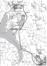Map of proposed Ringeriksbanen railway line, from Sandvika to Hønefoss, Norway