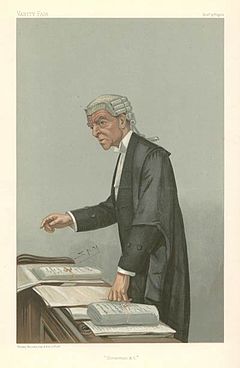 A 1903 caricature of King's Counsel Robert McCall wearing his court robes at the Bar of England and Wales. For court, he wears a short wig, in addition to bands instead of lace at the collar, but he retains the silk gown and court tailcoat worn on ceremonial occasions. QC Court robes.jpg