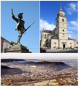 Estátua do Voluntário de 1792, Remiremont Abbey, e panorama de Remiremont visto a partir de Saint-Mont