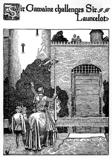 Sir Gawaine sfida Sir Lancillotto. Illustrazione di Howard Pyle.