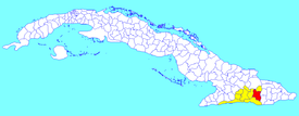 Songo - La Maya municipality (red) within  Santiago Province (yellow) and Cuba