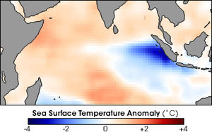 Unusually strong winds from the east push warm (red) surface water towards Africa, allowing cold (blue) water to upwell along the Sumatran coast Sstanom 199711 krig.jpg