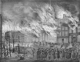 Lithographie d’avril 1836 dépeignant le Grand Incendie de New York.