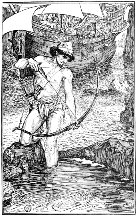 black and white full page illustration of a man wearing only a loincloth and a hat with a feather looking focussed as he aims a bow and arrow into a pool of water separated from the main stream by a rocky outcropping. He is standing in the water up to his shins and has one leg on one of the rocks to steady himself. In the background is a large ship with an old man and a young man looking on.