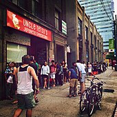 Uncle Tetsu's Cheesecake on Bay Street north of Dundas Street in Little Japan; this location has since moved across the street to Atrium on Bay Uncle Tetsu's, Toronto (19623389253).jpg