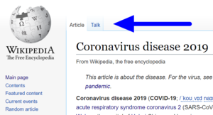 screenshot of English Wikipedia article with arrow point to the link to the talk page.