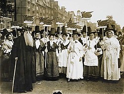 Welsh suffragists in traditional dress at the Women's Coronation Procession in London, 1911 Women's Coronation Procession 1911, Welsh Suffragists.jpg