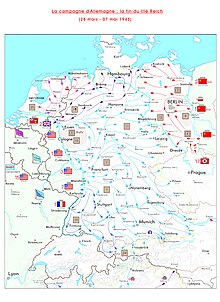 Carte montrant les différents axes de progressions des Alliés en Allemagne, indiqués par des flèches.