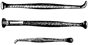 Cross-hatched drawings of three long, thin metal implements.