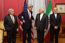 Ernest Moniz, John Kerry, Mohammad Javad Zarif, and Ali Akbar Salehi in Lausanne, 16 March 2015. Bilateral Nuclear Talks - Ernest Moniz-John Kerry-Mohammad Javad Zarif-Ali Akbar Salehi.jpg