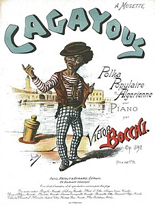 Illustration pour la couverture de Cagayous, pochades algériennes par Musette (1895)[8], reprise pour une partition de Victor Bocchi (vers 1897).