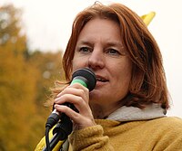 Climate activist Tessel Hofstede from Extinction Rebellion (XR) Netherlands speaking at the Letzte Generation Massenblockade Berlin on 28 October 2023