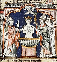 The dove of the Holy Spirit brings the Ampoule to Saint Remigius, in a manuscript of Jacob van Maerlant, Spieghel Historiael, West Flanders, ca 1335-55 Clovis.jpg