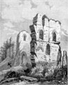 Il·lustració d'Abraham van Westervelde en la qual apareixen les ruïnes de l'Església dels Delmes original (segle xvii).