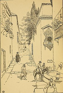 A line illustration of a village lane, from a 1917 book about Spain.