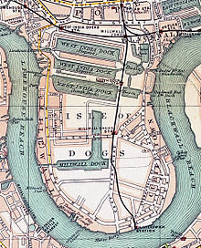 The Canary Wharf area in 1899 showing West India Docks and the Isle of Dogs Isle of dogs 1899.jpg