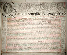 Charter granted by King George IV in 1827, establishing King's College. King's College royal charter 1827 leaf1.jpg