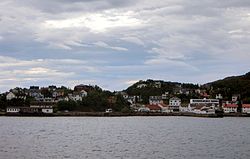 Lødingen village viewed from the ferry from Bognes