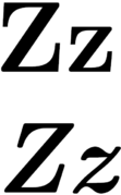 Capital and lowercase versions of Z, in normal and italic type