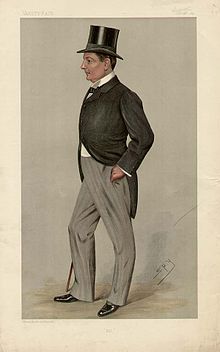 Colored drawing of a standing man in a 19th-century suit, black tie and top hat, his left hand in his trouser pocket, his hidden right hand holding a walking stick, facing to his right