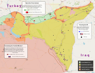      Контроль Сирійської національної армії та Туреччини     Контроль ДСС     Контроль Сирійської армії     Об'єднаний контроль сирійської армії та ДСС.Більш детальну, сучасну інтерактивну карту див. тут