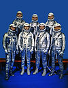 Project Mercury Astronauts, whose selection was announced on April 9, 1959, only six months after the National Aeronautics and Space Administration was formally established on October 1, 1958. Front row, left to right, Walter M. Schirra, Jr., Donald K. Slayton, John H. Glenn, Jr., and M. Scott Carpenter; back row, Alan B. Shepard, Jr., Virgil I. 'Gus' Grissom and L. Gordon Cooper.