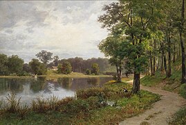 Landschaft mit Teich und dekorativen Figuren