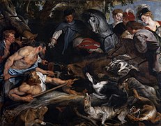 Peinture de Rubens représentant des cavaliers et des chasseurs à pied encerclant un sanglier