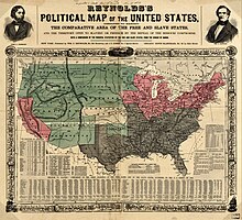 La carte de Reynolds (1856) fait apparaître les États esclavagistes en gris, les États abolitionnistes en rouge et les territoires américains en vert. Le Kansas, encore incertain, n'est pas coloré.
