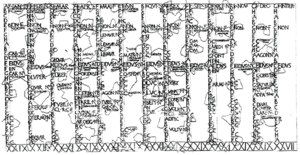 Another reproduction of the fragmentary Fasti Antiates Maiores
(c. 60 BC), with the seventh and eighth months still named Quintilis ("QVI") and Sextilis ("SEX") and an intercalary month ("INTER") in the far right-hand column Roman-calendar.png