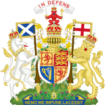 Royal arms in Scotland, showing on a blue scroll the motto of the Order of the Thistle Royal Coat of Arms of the United Kingdom (Scotland).svg